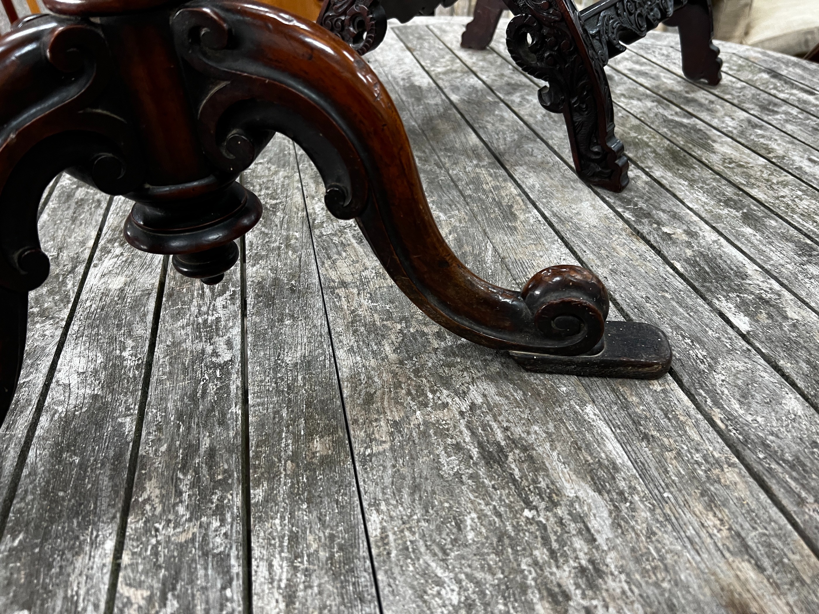 A Victorian and later circular mahogany wine table, bears T & G Seddon paper label, diameter 46cm, height 74cm